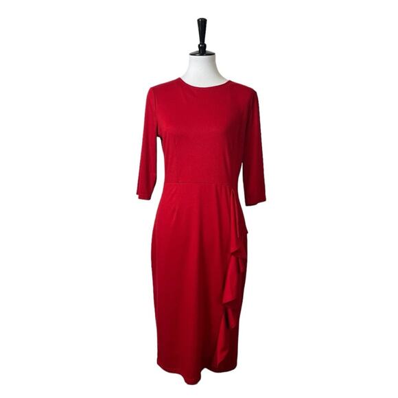 Oxiuly Sheath Dress Side Ruffle 3/4 Sleeves Round Neck Red Women’s Size Large - Picture 1 of 14